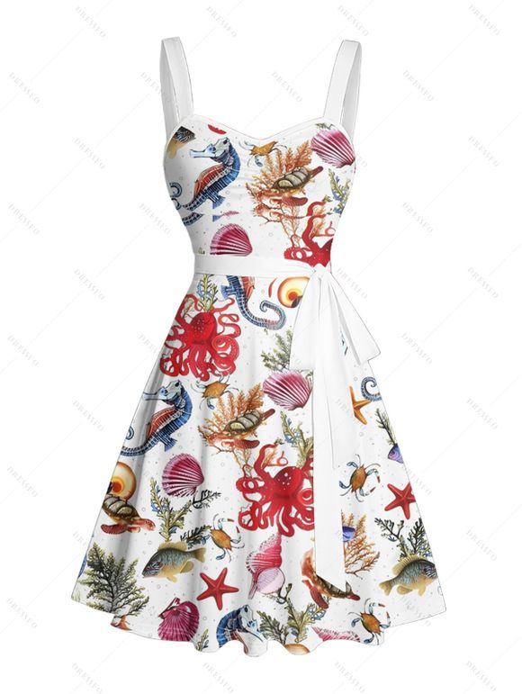 Vacation Couple Outfit Allover Marine Life Shell Octopus Starfish Pattern Ruched Bust Belt Dress and Button Up Shirt Beach Matching Outfit - Rouge S | US 4