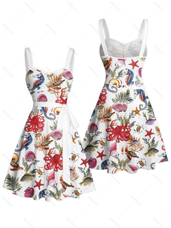 Vacation Couple Outfit Allover Marine Life Shell Octopus Starfish Pattern Ruched Bust Belt Dress and Button Up Shirt Beach Matching Outfit - Rouge S | US 4