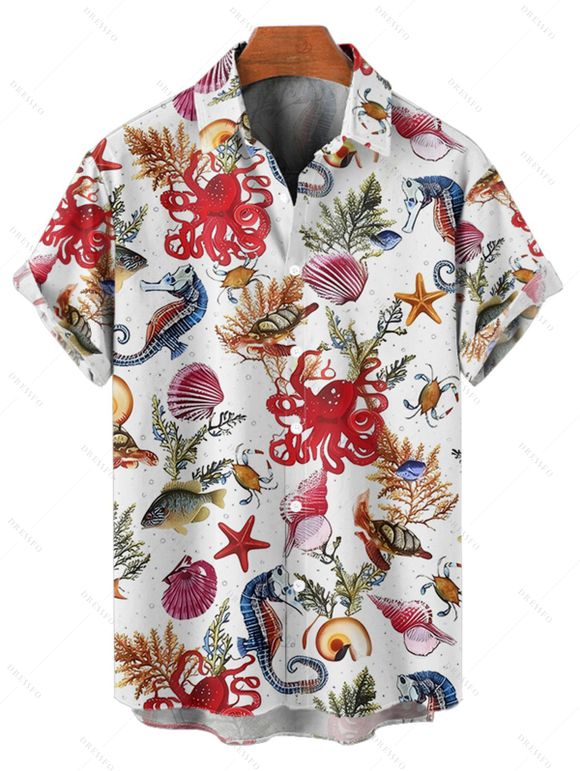 Vacation Couple Outfit Allover Marine Life Shell Octopus Starfish Pattern Ruched Bust Belt Dress and Button Up Shirt Beach Matching Outfit - Rouge S | US 4