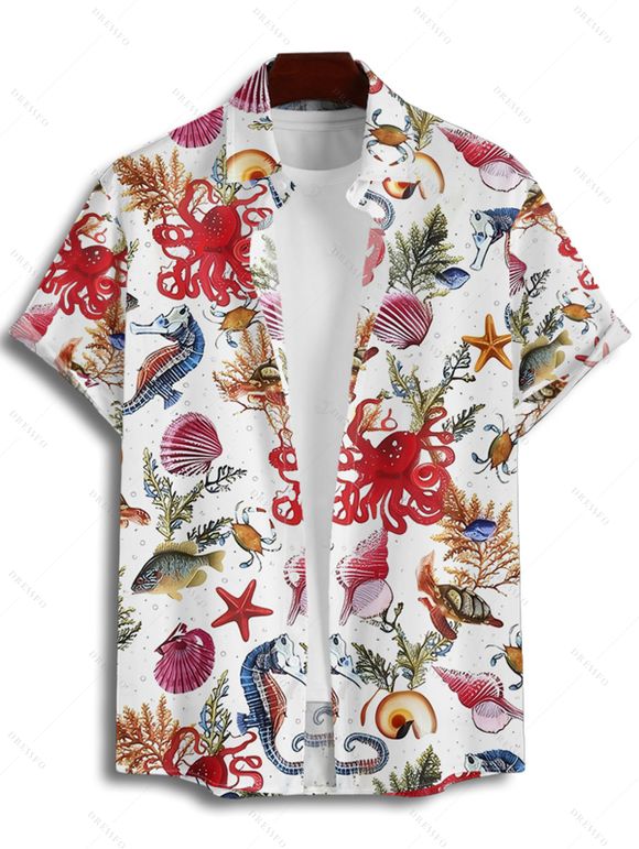 Vacation Couple Outfit Allover Marine Life Shell Octopus Starfish Pattern Ruched Bust Belt Dress and Button Up Shirt Beach Matching Outfit - Rouge S | US 4