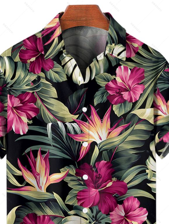 Chemise hawaïenne à manches courtes et boutons pour homme, motif floral tropical et feuilles - Noir M