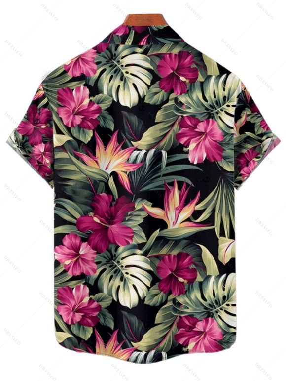 Chemise hawaïenne à manches courtes et boutons pour homme, motif floral tropical et feuilles - Noir M