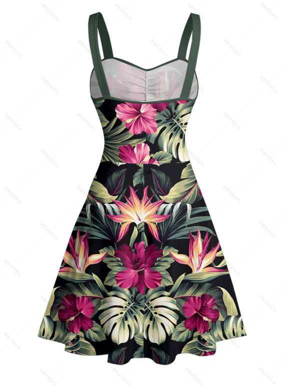 Robe de vacances à motif floral tropical et feuilles, ceinture froncée sur le buste, col en cœur, mini robe hawaïenne trapèze - Noir M | US 6