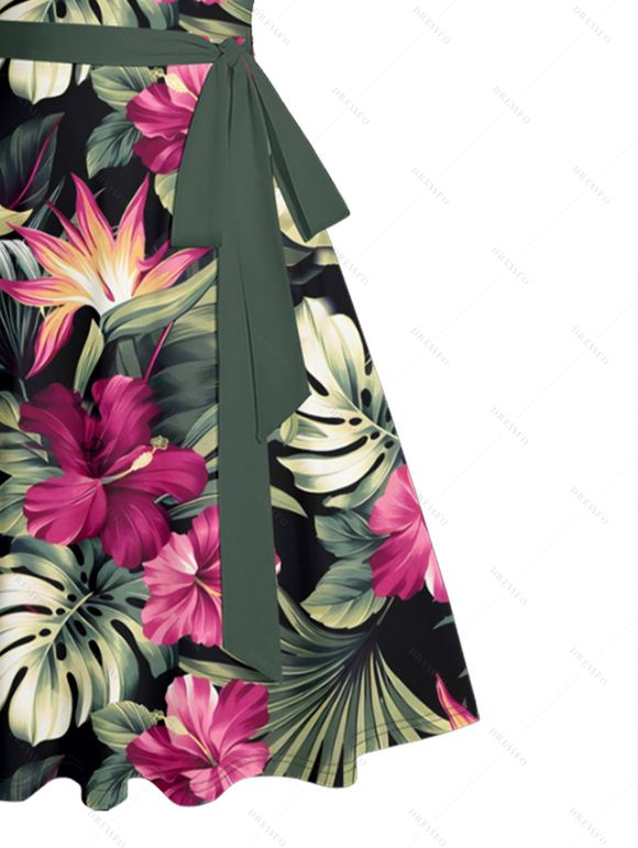 Robe de vacances à motif floral tropical et feuilles, ceinture froncée sur le buste, col en cœur, mini robe hawaïenne trapèze - Noir M | US 6