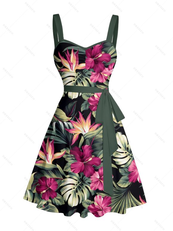 Robe de vacances à motif floral tropical et feuilles, ceinture froncée sur le buste, col en cœur, mini robe hawaïenne trapèze - Noir M | US 6