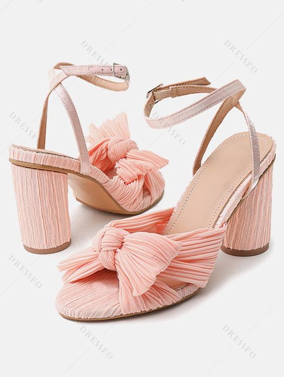 Bowknot Chunky Heels Open Toe Buckle Strap Elegance Party Sandals - Rose clair EU 43