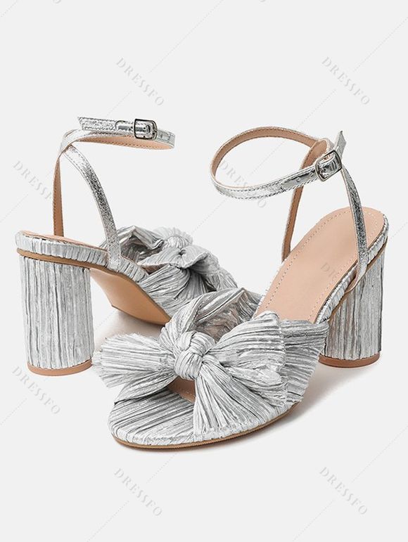 Bowknot Chunky Heels Open Toe Buckle Strap Elegance Party Sandals - Argent EU 43
