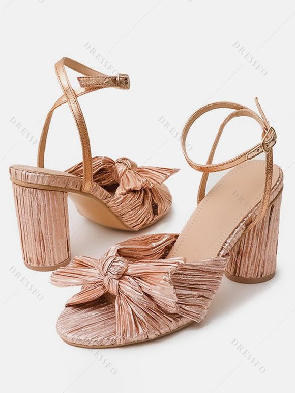 Bowknot Chunky Heels Open Toe Buckle Strap Elegance Party Sandals - Champagne EU 43