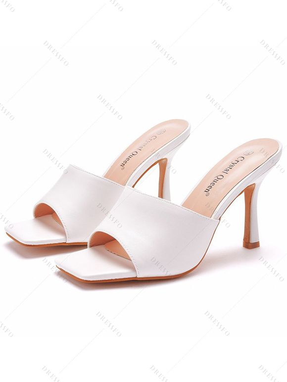 Solid Color Square Open Toe High Heel Slip On Casual Outdoor Sandals - Blanc EU 35