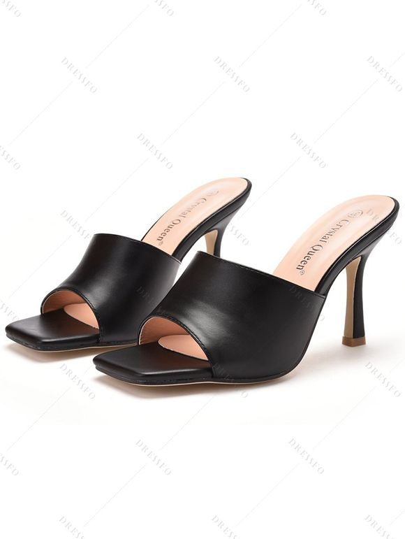 Solid Color Square Open Toe High Heel Slip On Casual Outdoor Sandals - Noir EU 42