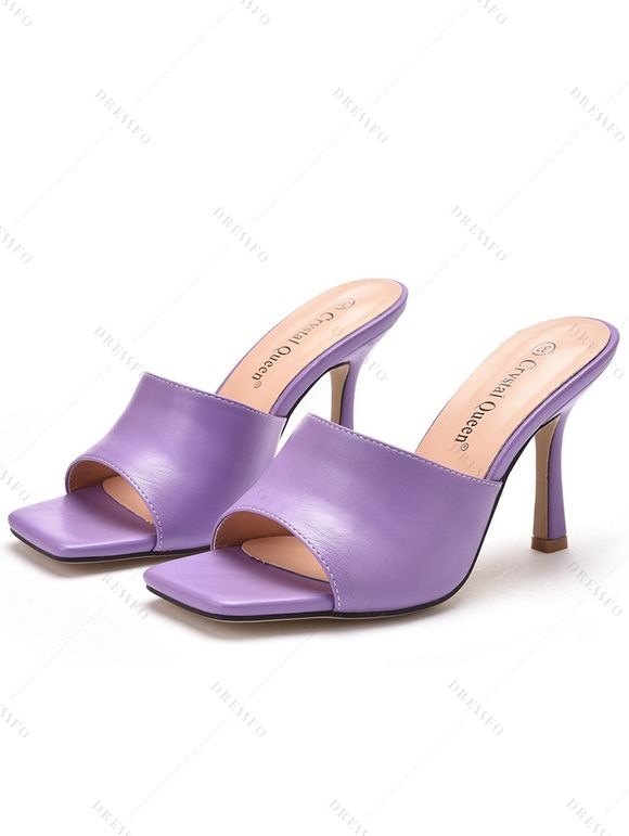 Solid Color Square Open Toe High Heel Slip On Casual Outdoor Sandals - PURPLE EU 37