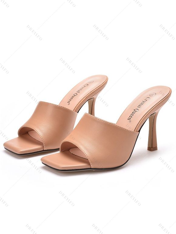 Solid Color Square Open Toe High Heel Slip On Casual Outdoor Sandals - LIGHT COFFEE EU 36