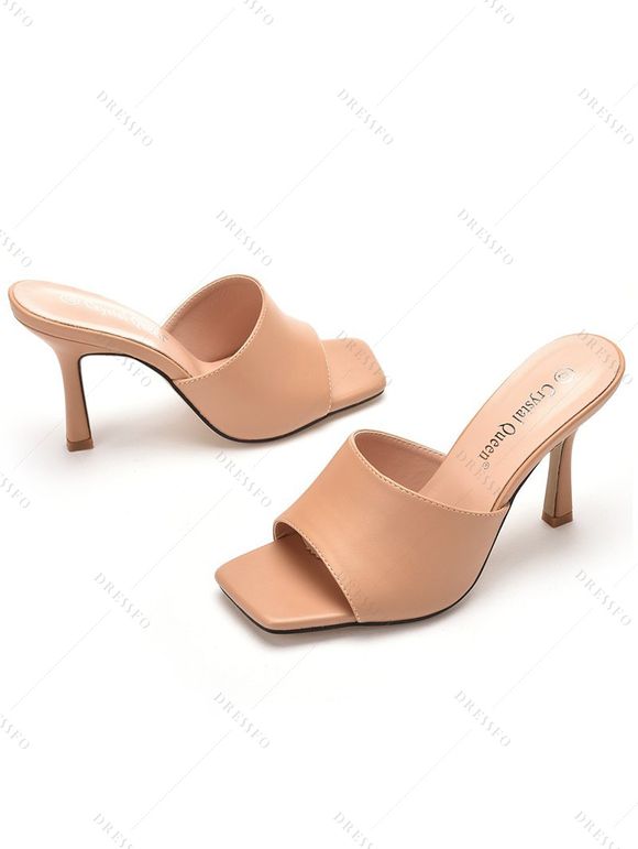 Solid Color Square Open Toe High Heel Slip On Casual Outdoor Sandals - café lumière EU 35