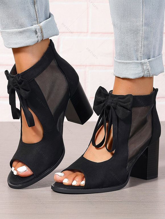 Solid Color Open Toe Bowknot Decor Chunky Heels Zipper See Thru Trendy Sandals - Noir EU 35