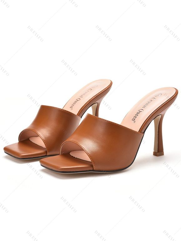 Solid Color Square Open Toe High Heel Slip On Casual Outdoor Sandals - Café profond EU 42
