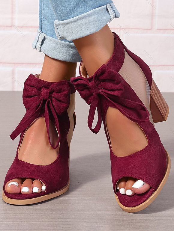 Solid Color Open Toe Bowknot Decor Chunky Heels Zipper See Thru Trendy Sandals - Rouge foncé EU 41