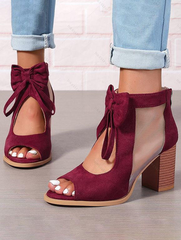 Solid Color Open Toe Bowknot Decor Chunky Heels Zipper See Thru Trendy Sandals - Rouge foncé EU 41