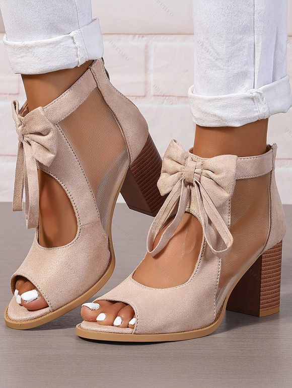 Solid Color Open Toe Bowknot Decor Chunky Heels Zipper See Thru Trendy Sandals - café lumière EU 43