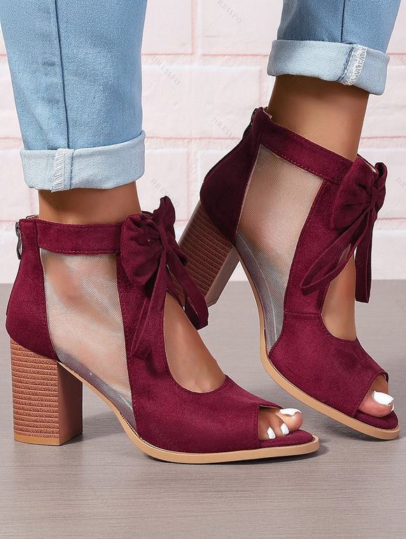 Solid Color Open Toe Bowknot Decor Chunky Heels Zipper See Thru Trendy Sandals - Rouge foncé EU 41