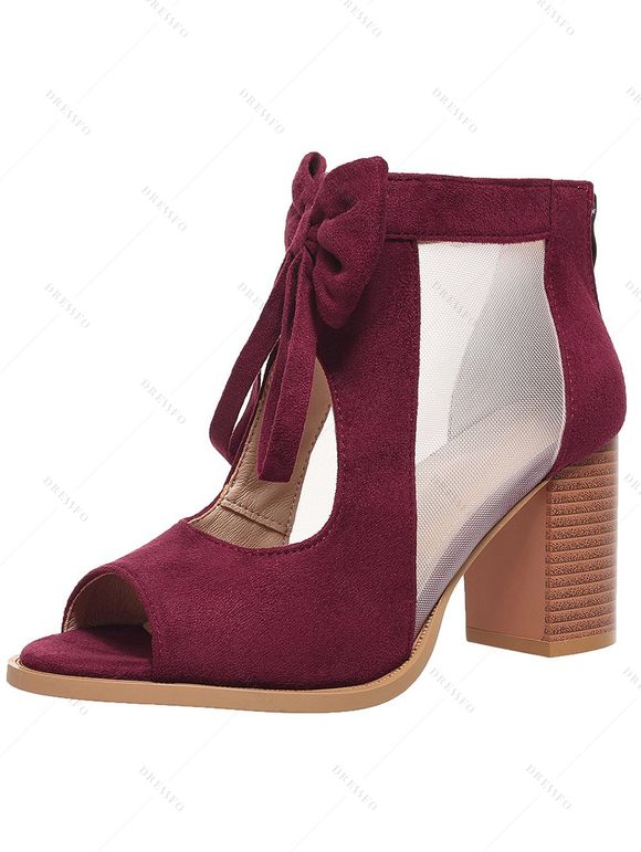 Solid Color Open Toe Bowknot Decor Chunky Heels Zipper See Thru Trendy Sandals - Rouge foncé EU 41