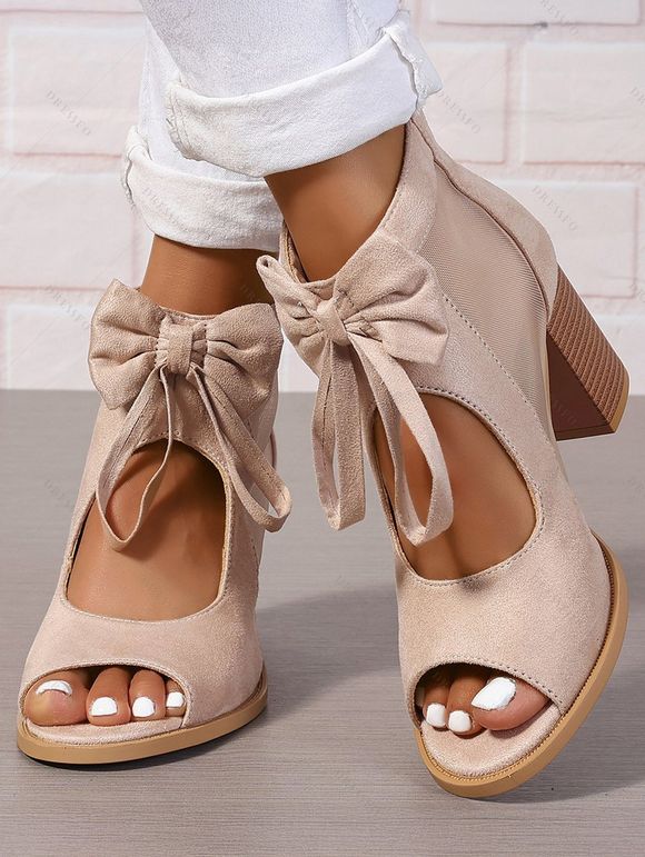 Solid Color Open Toe Bowknot Decor Chunky Heels Zipper See Thru Trendy Sandals - café lumière EU 43