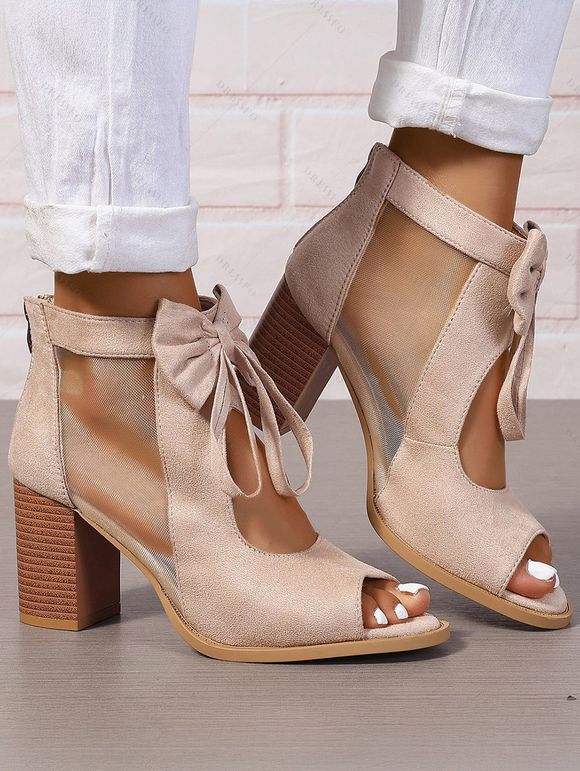 Solid Color Open Toe Bowknot Decor Chunky Heels Zipper See Thru Trendy Sandals - café lumière EU 43