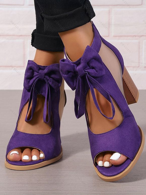 Solid Color Open Toe Bowknot Decor Chunky Heels Zipper See Thru Trendy Sandals - Pourpre EU 42