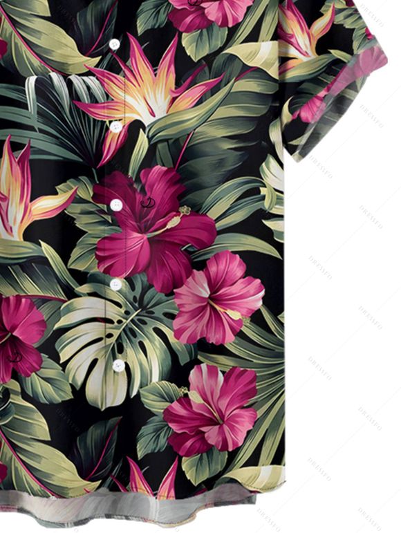 Vacation Couple Outfit Tropical Floral Leaf Pattern Ruched Bust Belt Dress and Button Up Shirt Hawaii Matching Outfit - Noir S | US 4