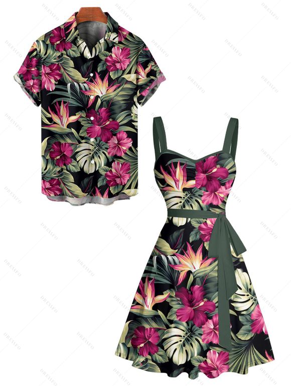 Vacation Couple Outfit Tropical Floral Leaf Pattern Ruched Bust Belt Dress and Button Up Shirt Hawaii Matching Outfit - Noir S | US 4