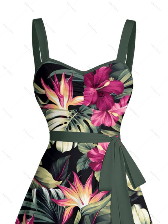 Vacation Couple Outfit Tropical Floral Leaf Pattern Ruched Bust Belt Dress and Button Up Shirt Hawaii Matching Outfit - Noir S | US 4