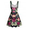 Robe de vacances à motif floral tropical et feuilles, ceinture froncée sur le buste, col en cœur, mini robe hawaïenne trapèze - Noir M | US 6