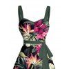 Robe de vacances à motif floral tropical et feuilles, ceinture froncée sur le buste, col en cœur, mini robe hawaïenne trapèze - Noir M | US 6