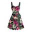 Robe de vacances à motif floral tropical et feuilles, ceinture froncée sur le buste, col en cœur, mini robe hawaïenne trapèze - Noir M | US 6