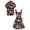 Vacation Couple Outfit Tropical Floral Leaf Pattern Ruched Bust Belt Dress and Button Up Shirt Hawaii Matching Outfit - BLACK S | US 4