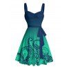 Vacation Couple Outfit Ombre Octopus Pattern Ruched Bust Belt Sweetheart Neck Dress and Button Up Shirt Drawstring Shorts Beach Matching Outfit - Vert profond S | US 4