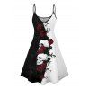 Robe gothique monochrome à motif de crânes de roses, bretelles spaghetti, col en V, coupe trapèze, mini-robe débardeur de vacances - Noir XXXXXL | US 20