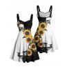Robe gothique à col en cœur et mini robe trapèze à motif de tournesols et de crânes, couleur contrastée, avec ceinture et buste froncé - Noir XXXXXL | US 20
