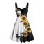 Robe gothique à col en cœur et mini robe trapèze à motif de tournesols et de crânes, couleur contrastée, avec ceinture et buste froncé - Noir XXXXXL | US 20