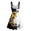 Robe gothique à col en cœur et mini robe trapèze à motif de tournesols et de crânes, couleur contrastée, avec ceinture et buste froncé - Noir XXXXXL | US 20