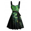 Robe de plage courte à volants et col en cœur, motif poulpe pailleté, ceinture et buste froncé - Vert S | US 4