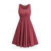 Women Casual Outfit Plain Color Mock Button Crossover A Line Mini Dress and Flower Rhinestone Earrings Hollow Out Chunky Heel Sandals Set - Rouge foncé S | US 4