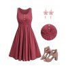 Women Casual Outfit Plain Color Mock Button Crossover A Line Mini Dress and Flower Rhinestone Earrings Hollow Out Chunky Heel Sandals Set - Rouge foncé S | US 4