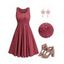 Women Casual Outfit Plain Color Mock Button Crossover A Line Mini Dress and Flower Rhinestone Earrings Hollow Out Chunky Heel Sandals Set - Rouge foncé S | US 4