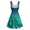 Vacation Couple Outfit Ombre Octopus Pattern Ruched Bust Belt Sweetheart Neck Dress and Button Up Shirt Drawstring Shorts Beach Matching Outfit - Vert profond S | US 4