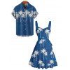 Vacation Couple Outfit Coconut Tree Pattern Ruched Bust Belt Sweetheart Neck A Line Mini Dress and Button Up Shirt Hawaii Matching Outfit - Bleu profond S | US 4