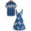 Vacation Couple Outfit Coconut Tree Pattern Ruched Bust Belt Sweetheart Neck A Line Mini Dress and Button Up Shirt Hawaii Matching Outfit - Bleu profond S | US 4