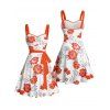 Robe de vacances à motif de feuilles et de fleurs, buste froncé, ceinture, col en cœur, robe trapèze mini décontractée - Rouge XXXXXL | US 20
