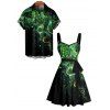 Vacation Couple Outfit Glitter Octopus Pattern Ruched Bust Belt Sweetheart Neck A Line Mini Dress and Button Up Shirt Beach Matching Outfit - Vert S | US 4