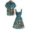 Vacation Couple Outfit Octopus Pattern Ruched Bust Belt Sweetheart Neck A Line Mini Dress and Button Up Shirt Beach Matching Outfit - Vert profond S | US 4