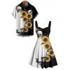 Gothic Couple Outfit Contrast Color Sunflower Skulls Pattern Ruched Bust Belt Sweetheart Neck A Line Mini Dress and Button Up Shirt Holiday Matching Outfit - Noir S | US 4